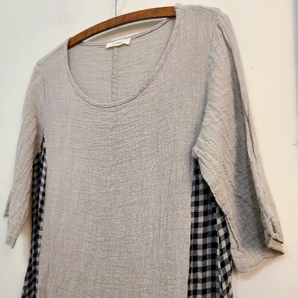 Luukaa Linen-Blend Gingham Dress In Beige + Black Size 0 Designed In France - Picture 4 of 6